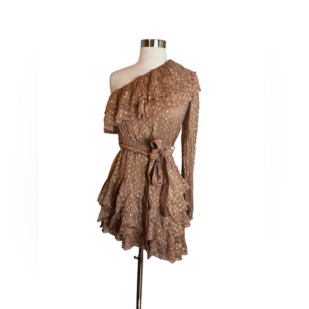 $334 Rococo Sand Women's Pink Metallic Ruffled One Shoulder Mini Dress